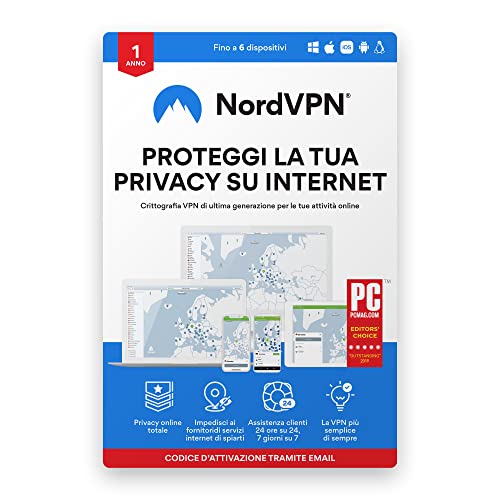 NordVPN - Software per la privacy e la sicurezza su Internet, doppia crittografia | Abbonamento | 6 Dispositivo | 1 Utente | 1 Anno | PC Mac Mobile | Codice d attivazione via email