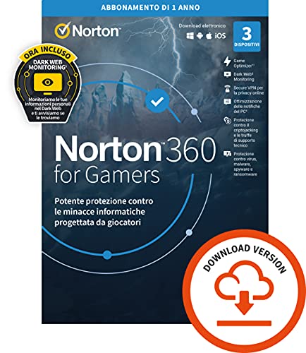 Norton 360 for Gamers 2022| Antivirus per 3 Dispositivi | Licenza di 1 anno | PC o Mac | Codice di attivazione via email
