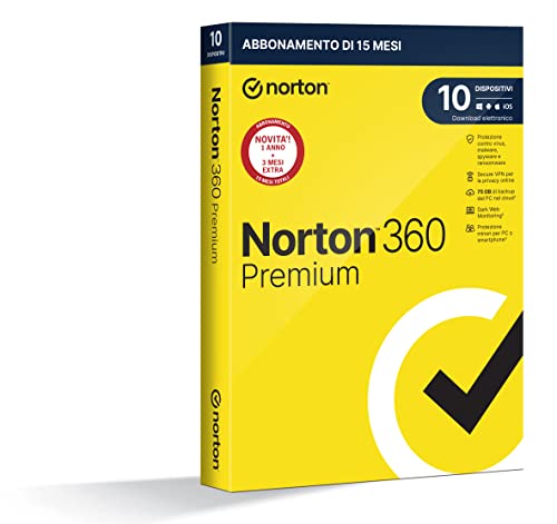 Norton 360 Premium 2023, Antivirus per 10 Dispositivi, Licenza di 15 Mesi, PC, Mac, Tablet e Smartphone