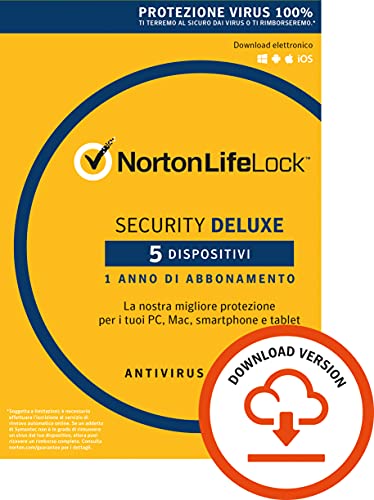 Norton Security Deluxe, Antivirus per 5 Dispositivi, Licenza di 1 anno, PC, Mac, tablet e smartphone, Codice d attivazione via email