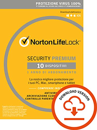 Norton Security Premium, Antivirus per 10 Dispositivi, Licenza di 1 anno, PC, Mac, tablet e smartphone, Codice d attivazione via email