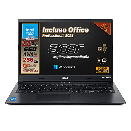 Notebook Acer, portatile pc, intel N5100, 4 core, RAM 12Gb, SSD 256...