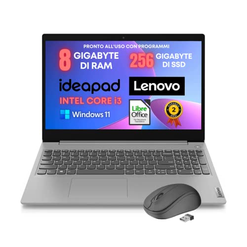 Notebook Lenovo Ideapad 3, Intel Core I3-10110U, Display Full Hd Led da 15,6  Ram 8gb DDR4, SSD 256 Gb, Wifi, Webcam, Bt, Win11 Pro, Libre Office, Pronto All uso Gar. Italia 2 Anni + Mouse wifii