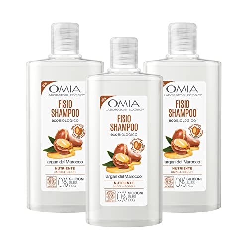 Omia, Fisio Shampoo Eco Bio con Olio di Argan del Marocco per Capelli Secchi, Nutriente e Ristrutturante, Shampoo per Lavaggi Frequenti, Senza Siliconi e SLES, 3 Flaconi da 200 ml