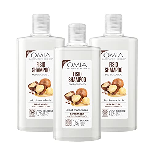 Omia, Fisio Shampoo Eco Bio con Olio di Macadamia per Capelli Danneggiati, Riparatore e Ristrutturante, Shampoo per Lavaggi Frequenti, Senza Siliconi e SLES, 3 Flaconi da 200 ml