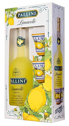 Pallini Limoncello - 500 ml + 2 Tazzine dipinte a mano a Deruta: infuso del pregiato  Limone Costa D Amalfi IGP  raccolto a mano a Vietri sul Mare, Amalfi – Senza glutine, pesticidi, OGM - 26% ABV.