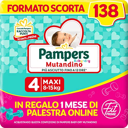 Pampers Baby Dry Mutandino & Fit Prime Maxi, Formato Scorta, 138 Pannolini, Taglia 4 (8-15 Kg), 1 mese di palestra online in Omaggio