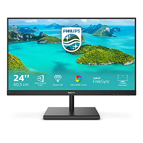 Philips 245E1S Gaming Monitor 24  LED IPS 2K Freesync a 75 Hz, 2560 x 1440, Ultra Wide Color, 4ms, 3 Side Frameless, Flicker Free, HDMI, Display Port, VGA, Vesa, Nero