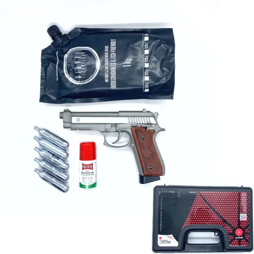 Pistola Softair Kit Cybergun Scarrellante PT92 Silver a C02 Full Metal Con Valigetta Potenza 0,9 Joule + Olio Ballistol 25ml + Sacchetto Pallini 1kg ️️️️️