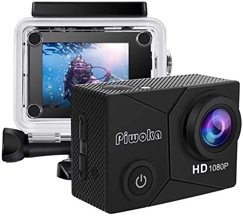 Piwoka Action Cam 1080P 12MP, 30M Impermeabile Fotocamera Subacquea con Schermo 2 Pollici,140° Grandangolare Sports Cam con Accessori Kit (Nero)