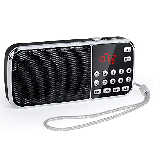 PRUNUS J-189 Mini Radio Portatili FM AM, Radio Portatile Ricaricabile con Funzione Bluetooth, Radiolina Digitale con Eccellente Ricezione, Supporto Micro TF Card USB AUX, con Torcia di Emergenza(Nero)