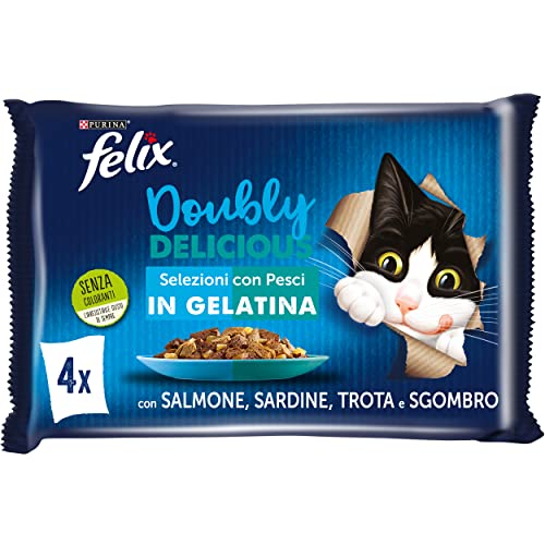 Purina Felix Le Ghiottonerie Doubly Delicious Cibo Umido per Gatti con Salmone e Sardine, Trota e Sgombro, 48 Buste da 85 g