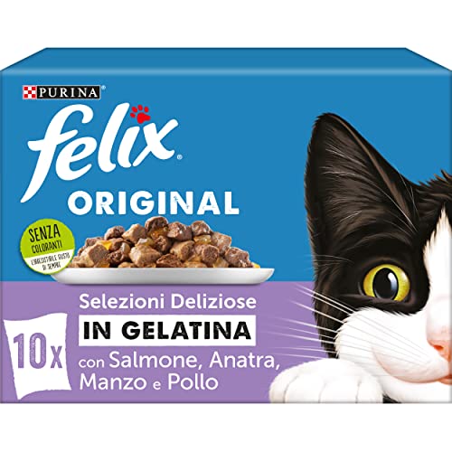 Purina Felix Original in gelatina Cibo Umido per Gatti con Manzo, Pollo, Anatra e Salmone, 60 buste da 85g