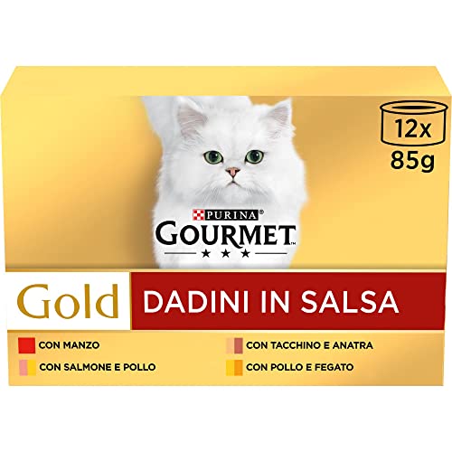 Purina Gourmet Gold Dadini in Salsa Cibo Umido per Gatti con Manzo, Salmone e Pollo, Tacchino e Anatra, Pollo e Fegato, 96 Lattine da 85 g