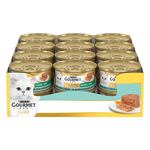 Purina Gourmet Gold Mousse Cibo Umido per Gatti con Merluzzo e Carote, 24 Lattine da 85g