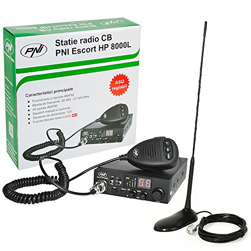 Radio CB Ricetrasmettitore PNI Escort HP 8000L con regolabile asq, 4 W Blocco tasti + antenna CB PNI Extra 45 SWR 1.0 altezza 45 cm in fibra di vetro magnetica supporto incluso