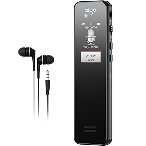 Registratore Vocale Professionale - aigo 32GB Mini Registratore 3072 Kbps HD Audio Registratore Portatile con Lettore MP3 Ideale per Riunioni Interviste Discorsi - Nero