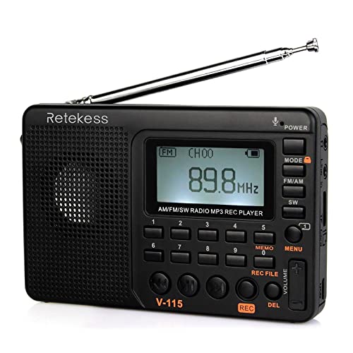 Retekess V115 Radio Portatile AM FM SW Radio Onde Corte, Supporto USB AUX TF Card, Batteria Ricaricabile, Registrazione, Tempi del Sonno(Nero)