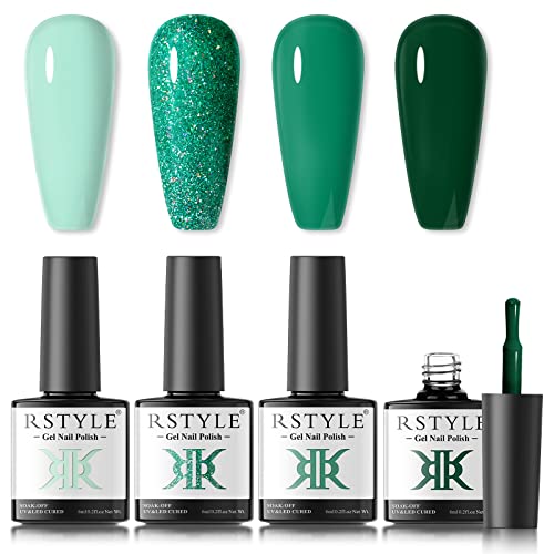 RSTYLE Smalto Semipermanente, 4 Colori Semipermanenti per Unghie Glitter Verde Gel Shellac UV LED Nail Polish Manicure 6ML