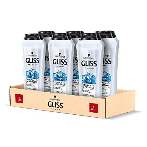Schwarzkopf Gliss, Shampoo Purifica e Protegge, Purifica dall Inquinamento, per Capelli Appesantiti, con Complesso Anti-Ossidante e Semi di Moringa, Confezione da 6 Pezzi x 250 ml