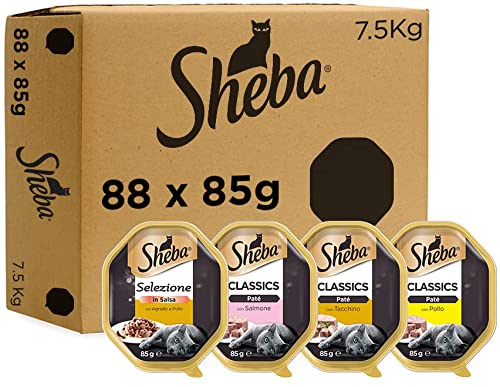 Sheba Selezione Assortita Mix di Vaschette al Salmone, Pollo, Tacchino e Agnello, Cibo per Gatti Adulti, 88 x 85 g