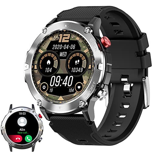 Smartwatch Uomo Orologio Militare con chiamate Bluetooth HD Fitness Tracker Tattico con Cardiofrequenzimetro SpO2 Contapassi Controllo Musica Cronometro Smart Watch Sportivi Outdoor per Android iOS