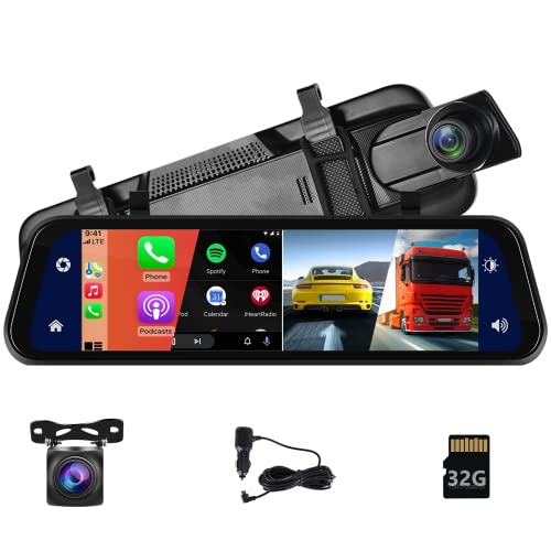 Specchietto Retrovisore Dash Cam Auto Carplay Wireless Android Auto, Bluetooth, 9,66 Pollici IPS Touchscreen, 170° Telecamera Auto Retrovisione Anteriore e Posteriore Visione Notturna WDR, FM, AUX In
