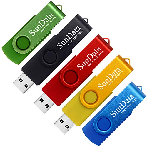 SunData Chiavetta USB 32GB 5 Pezzi PenDrive Girevole USB2.0 Flash Drive Thumb Drive Memoria Stick per Archiviazione Dati con Luce LED (5 colori: Nero Blu Verde Rosso Oro)