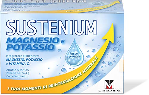 Sustenium Magnesio e Potassio - Integratore alimentare di Magnesio e Potassio con Vitamina C. Confezione da 28 Bustine da 4gr. Gusto Arancia. Con Edulcoranti.