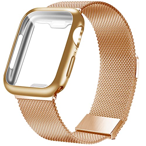 SVISVIPA Cinturino e Cover in Maglia Milanese Compatibile con Apple Watch Band 41mm, Banda Di ricambio in Acciaio inossidabile con Magneti Potenziati per iWatch serie SE e 8 7 6 5 4. Oro rosa