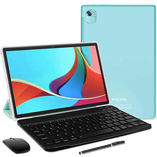 Tablet 10 Pollici Android 11 FACETEL Tablet con Octa-Core 1.6 GHz, 4 GB + 64 GB (TF 128GB) | Batteria 8000mAh | FHD | 5 MP + 8 MP | Bluetooth | Tablet con Tastiera e Penna e Mouse - Green