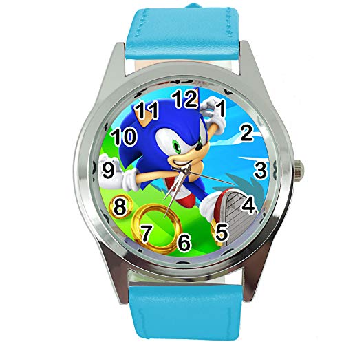 Taport, orologio al quarzo con cinturino in pelle blu, rotondo, per fan di Sonic The Hedgehog E3