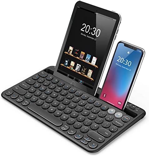 Tastiera Bluetooth con supporto per tablet cellulare, tastiera Bluetooth compatta piccola, tastiera ricaricabile multi dispositivo, compatibile con iPad, iPhone, Android, tablet, PC portatile, nero