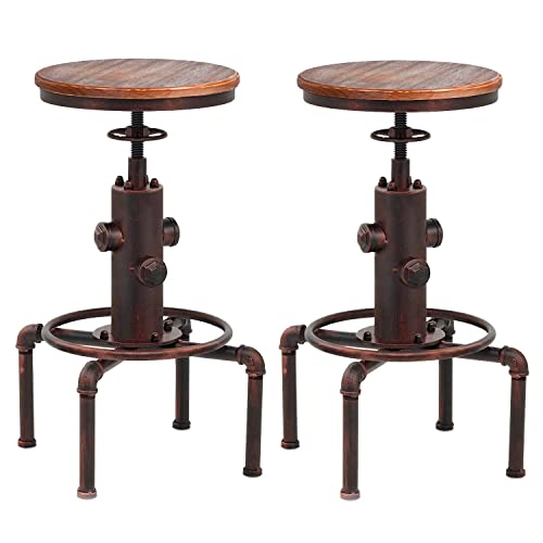 Topower American Antique Vintage Industrial Barstool Solid Wood Water Pipe Fire Hydrant Design Cafe Coffee Industrial Bar Stool Set di 2 (Red Bronze, 2)