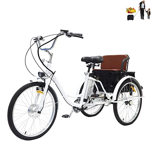Triciclo elettrico adulto a 3 ruote triciclo anziano scooter ibrido con sedile + carrello della spesa per genitori cuscinetto in acciaio ad alto tenore di carbonio 150 kg(24  ,white)