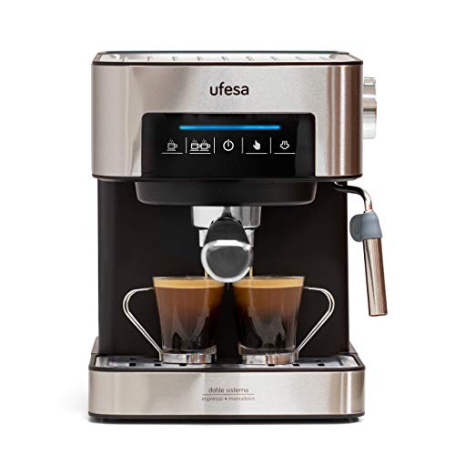 Ufesa CE7255 -Macchina espresso per caffè macinato o cialde e cappuccini, Touch Screen, Vaporizzatore Regolabile, Macchina Caffè 20 bar, 850W, Acciaio Inox, Nero Argento