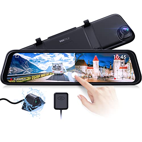 VANTRUE M2 Doppia 2.5K + 1080P GPS Mirror Dash Cam, Telecamera per Auto 11,8  Touchscreen, Camera Posteriore impermeabile IP67 con Monitoraggio Inverso, Visione Notturna IR, Parcheggio 24H 7, Max 512G
