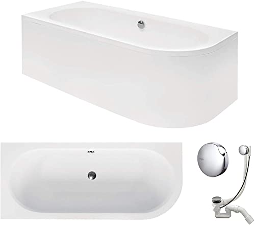 Vasca da bagno 170 x 75 cm, in acrilico, set sifone, vasca ad angolo, colore bianco, design moderno, scarico cromato Viega Simplex per 2 persone a sinistra (a sinistra)
