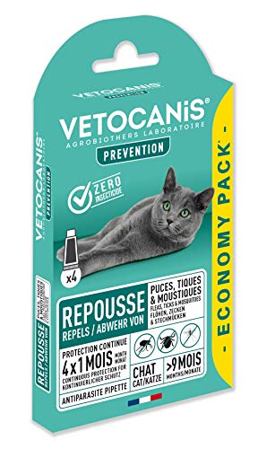 VETOCANIS Antipulci e antizecche per gatti con 4 pipette come repellente efficace con durata di protezione 4 x 1 mese