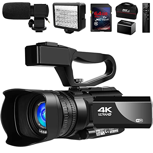 Videocamera, 4 K, con messa a fuoco automatica, 48 MP, 60 FPS, 30 X, con microfono, luce a LED, batteria 4500 mAh, stabilizzatore manuale e cappuccio 64 G