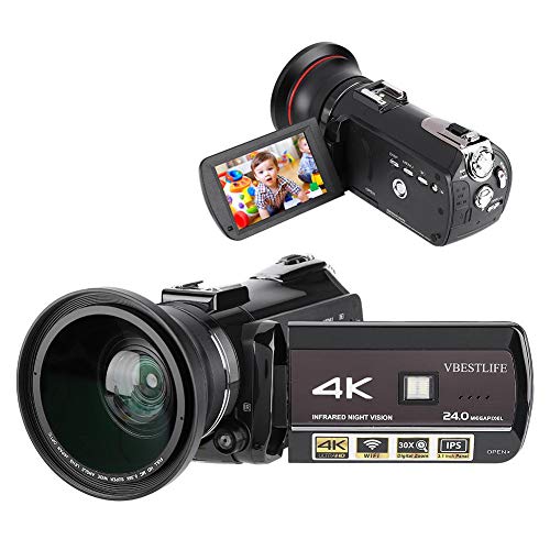 Videocamera DV WiFi, portatile 4K 1080P HD 3.1 Touch Screen IPS Videocamera digitale con zoom 30X con supporto per obiettivo grandangolare esterno APP Telecomando Visione notturna IR(EU)