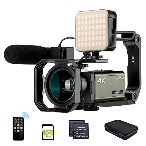 Videocamera ORDRO Livestream Videocamera 4K AX65 UHD con Zoom Ottico 12x Schermo IPS da 3,5 Pollici Videocamera 1080P 60FPS con Microfono, Luce LED, Obiettivo Grandangolare, Supporto Portatile