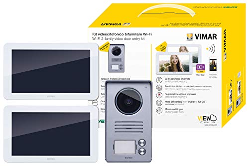 VIMAR K40956 Kit videocitofonico da parete con: 2 videocitofoni touch screen vivavoce Wi-Fi a colori LCD 7 , targa audiovideo 2 pulsanti, 2 alimentatori, completo di staffe per il fissaggio, bianco