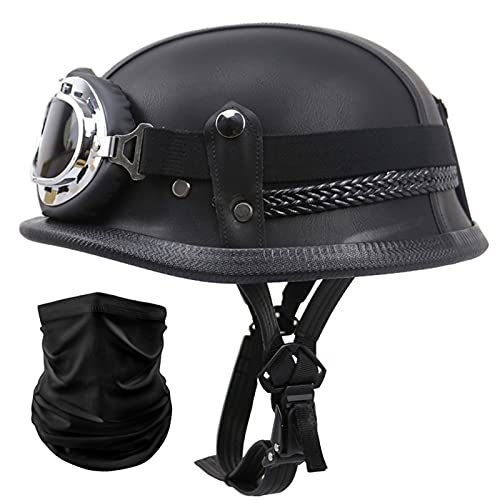 Vintage Motorcycle Helmet con occhiali Casco semi-integrale per moto stile militare Mezzo Aperto Faccia Caschi da Motociclista Donna Uomo Adulti DOT ECE Omologato (Color : Black)