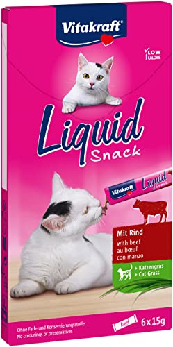 Vitakraft Spuntino liquido con manzo + erba di gatto, 1 confezione (6 buste da 15 g)