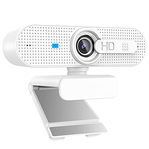 Webcam HD 1080P per computer PC portatile con messa a fuoco automatica, scatto privacy e doppia telecamera esterna per Skype, videochiamate, conferenze, registrazione, live streaming, bianco