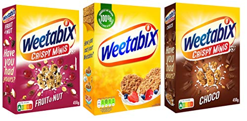 Weetabix 3 pz. set di prova Minis Frutta & Noce, Choco & Original - Cereali da colazione - Cereali integrali - Ad alto contenuto di fibre, 2x450g+1x430g