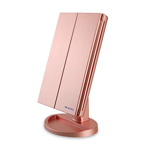 WEILY Specchio per il trucco con luce 1x   2x   3x Trifold ingrandente con 36 LED Touch Screen Luci e ricarica USB, Supporto regolabile a 180 gradi per specchio cosmetico per il trucco - oro rosa