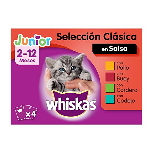 Whiskas Cibo umido per gatti Junior Selezione Carnes in gelatina, MultiPack (confezione da 13 x 4 sacchetti x 100 g)