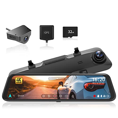 WOLFBOX Dash Cam Specchietto Rretrovisore 4K+1080P Telecamera a specchio Anteriore e Posteriore per auto con schermo da 12  WDR , visione notturna, G-sensor, Monitor Parcheggio, scheda da 32 GB e GPS